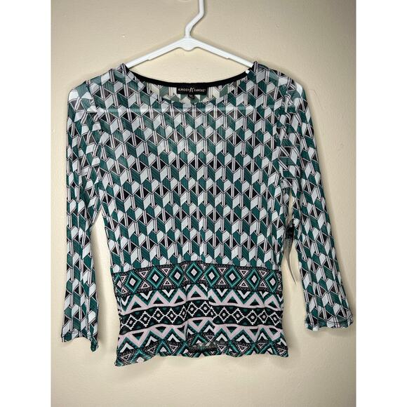 NWT Almost Famous Mesh Layered Geometric Print Green Pink And Black Blouse - Picture 1 of 4